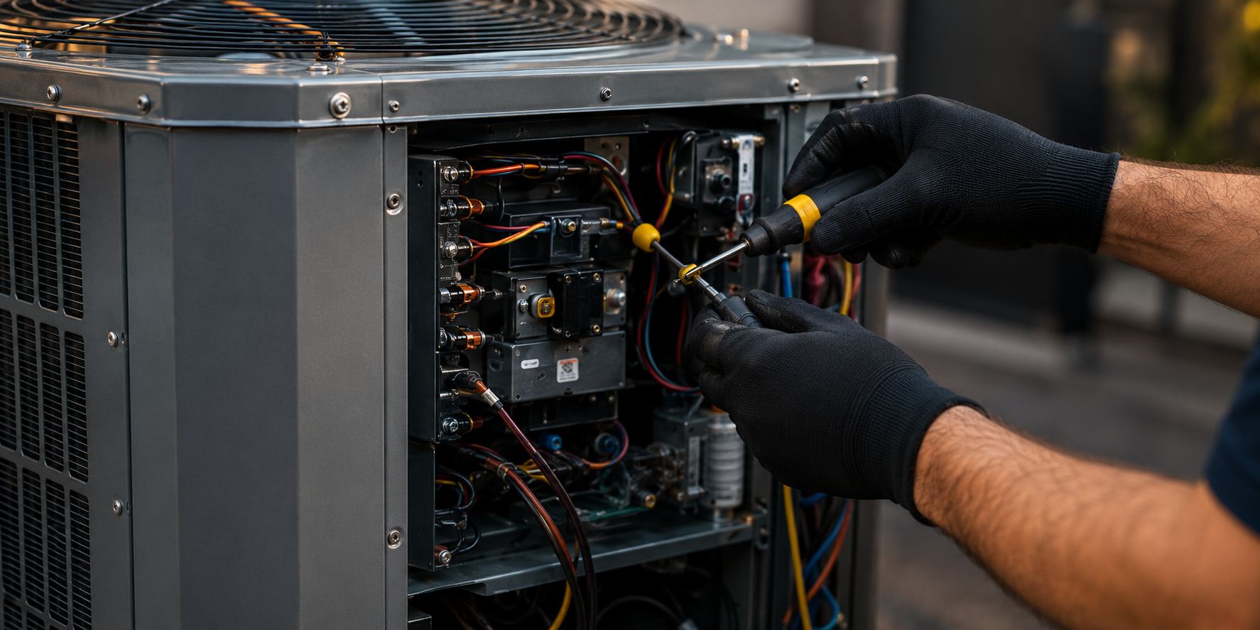 Technician performing seasonal HVAC maintenance